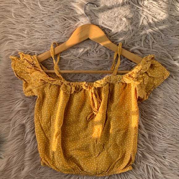 Women's Mustard Yellow Ruffled Off-Shoulder Crop Top - Picture 1 of 9